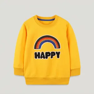 Kids Boys Girls 100 Percent Cotton Combed Sweatshirt Rainbow Happy Embroidered Long Sleeve Crewneck Pullover Bright Yellow Top