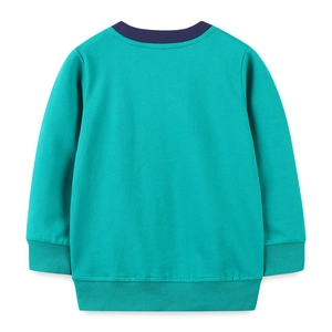 Boys long sleeve turquoise sweatshirt with navy crew neck and ribbed cuffs for autumn