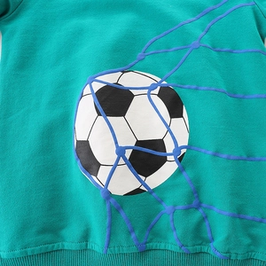 Boys long sleeve green sweatshirt with soccer print and ribbed hem detailing