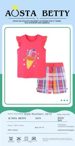 Detail showing girls' pink cotton tank top with ice cream print and plaid shorts