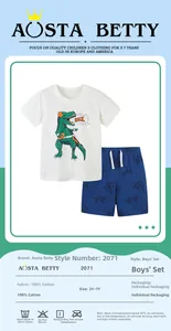 Detail view of cotton boys' summer set with dinosaur print t-shirt and patterned shorts