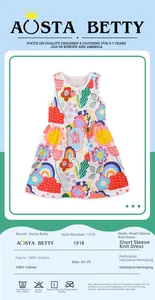 Detail of girls cotton knit dress with rainbow and floral cartoon print patterns