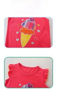 Detail of pink girls' tank top with ice cream embroidery and ruffled shoulders