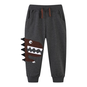 Dark grey kids jogger pants with cartoon dinosaur embroidery and ribbed drawstring waist