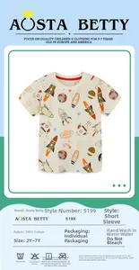 Detail of soft 100% cotton kids t-shirt with space rocket and planet cartoon prints