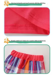 Detail of pink cotton top hem and elastic checkered pants waistband with drawstring