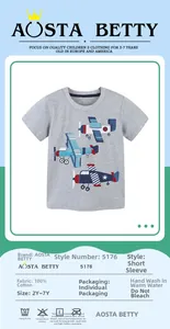 Detailed view of grey cotton toddler T-shirt featuring colorful cartoon airplane prints