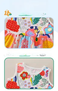 Detail of soft cotton girl's dress showing colorful floral prints and round neckline