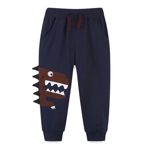 Dark blue cotton kids joggers with cartoon dinosaur embroidery and 3D back fins