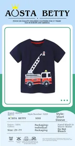 Detail view of cotton T-shirt showing a cartoon fire truck and size chart information
