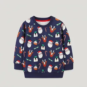 Kids Christmas Cartoon Sweatshirt Soft Cotton Navy Blue Long Sleeve Pullover Boys Festive Winter Top Santa Reindeer Print