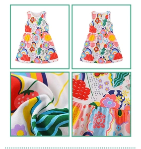 Detail views of girls' cotton dress featuring colorful rainbow and floral cartoon prints