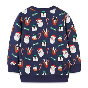 Kids long sleeve navy blue crewneck sweatshirt with festive Christmas cartoon prints
