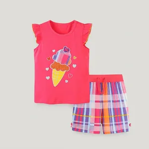 Toddler Girls Summer Clothing Set Cotton Cartoon Ice Cream Embroidery Ruffle Sleeve Top Plaid Shorts Casual Toddler Outfit