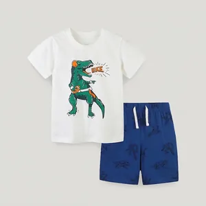 Boys Summer Clothes Set Cotton Short Sleeve Cartoon Dinosaur Printed T-Shirt And Shorts Outfit For Toddler Kids Casual Wear