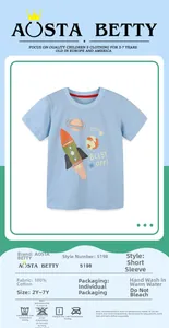 Detail of blue cotton toddler t-shirt showing rocket print and 100% cotton fabric specs