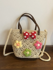 Women Woven Flower Bucket Bag Hollow Out Handmade Crochet Crossbody Bag With Polka Dot Bow Mini Summer Beach Handbag