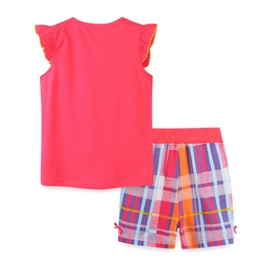 Girls summer knit cotton set with rose pink ruffle top and colorful plaid shorts