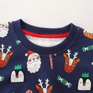 Kids navy blue Christmas sweatshirt with Santa, reindeer and penguin cartoon prints