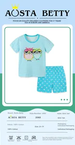 Détail d'un ensemble fille 100% coton avec broderie hibou et motif à rayures bleues