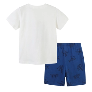 Kids cotton summer outfit with white short-sleeve T-shirt and blue dinosaur print shorts