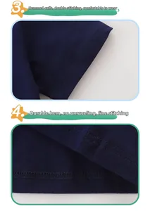 Detail of navy blue t-shirt showing neat double stitching on binding cuffs and hemline