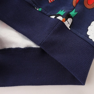 Kids navy Christmas sweatshirt featuring festive reindeer patterns and ribbed cuffs