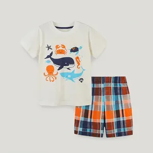 Ensemble De Vêtements D'été Pour Garçons En Coton Imprimé Animaux Marins T-Shirt À Manches Courtes Short À Carreaux