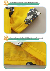 Détail des doubles coutures à l'ourlet et des revers de manches sur le t-shirt jaune police