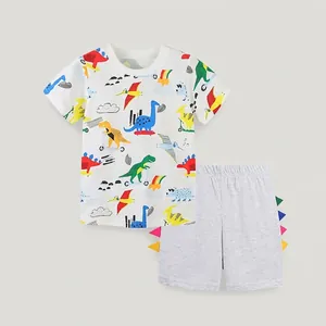 Set di maglietta e pantaloncini a maniche corte in cotone estivo da ragazzo con stampa di dinosauro cartone animato bianco grigio casual