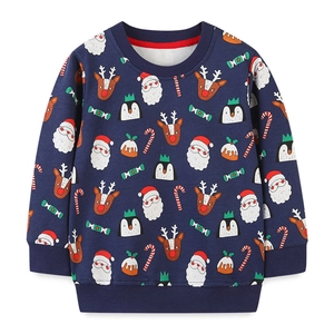 Kids long sleeve crewneck sweatshirt with festive Christmas print on dark blue fabric