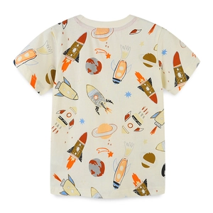 Off-white cotton boys' short sleeve T-shirt with cartoon space and rocket all-over print