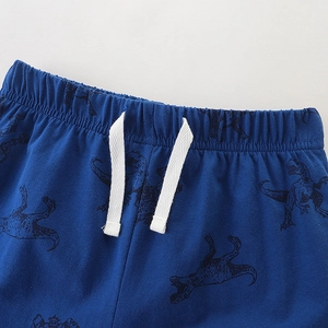 Toddler boys blue knit cotton shorts set with dinosaur print and elastic drawstring waist