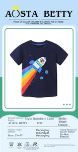 Detail of dark blue 100% cotton kids t-shirt with rainbow and rocket astronaut print