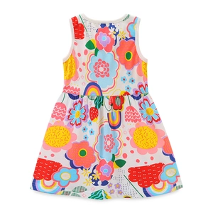 Girls cotton sleeveless A-line dress featuring vibrant floral and rainbow cartoon prints