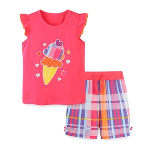 Girls summer knit cotton set with rose red ice cream t-shirt and colorful plaid shorts