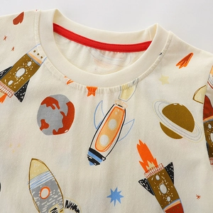 Boys' cotton short sleeve T-shirt featuring space rockets and planets all-over print