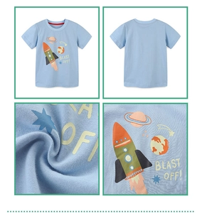 Close-up of cotton knit fabric and cartoon rocket print on light blue boy t-shirt