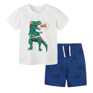 Kids cotton summer set with white dinosaur print T-shirt and blue patterned shorts