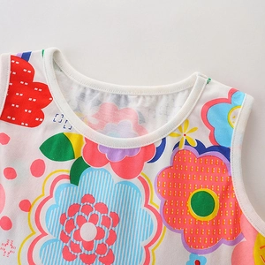Girl's knit cotton sleeveless dress with vibrant floral and polka dot cartoon prints