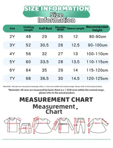 Size chart for girls' summer cartoon dresses showing 2Y to 7Y measurements in centimeters