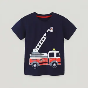 Boys Casual Cotton Short Sleeve T-Shirt Cartoon Fire Truck Printed Crew Neck Summer Top For Kids Navy Blue