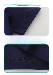 Detail view of neat double-stitch sewing on navy blue cotton t-shirt cuffs and hemline