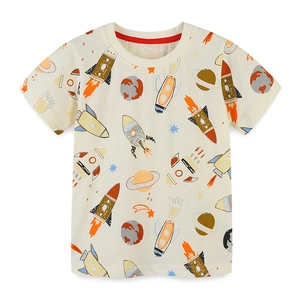 Boys short sleeve cotton t-shirt with colorful hand-drawn space and rocket prints