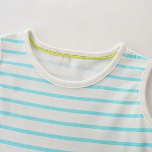 Abito estivo da bambina in maglia di cotone a righe blu con stampa a cartoni animati