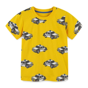 Boys Summer Short Sleeve 100% Cotton T-Shirt Cartoon Police Car Print Crew Neck Soft Breathable Casual Kids Top