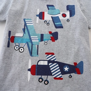 Short-sleeve grey cotton t-shirt for boys with blue cartoon airplane print on front