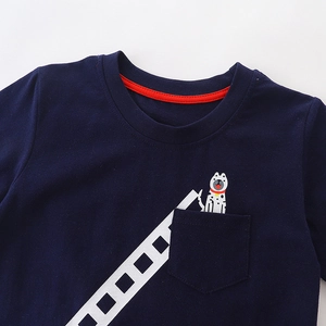Dark blue cotton short sleeve t-shirt for boys with round neck and cartoon chest pocket