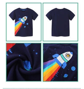 Detailed views of navy blue kids cotton T-shirt featuring cartoon rocket and space print