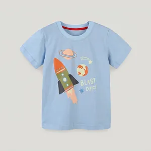 Boys Short Sleeve Cotton T-Shirt Casual Cartoon Rocket Print Crew Neck Summer Top For Toddler Kids Lightweight Tee